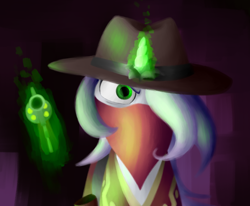 Size: 740x610 | Tagged: safe, artist:anontheanon, oc, oc only, oc:fortunata, pony, unicorn, fallout equestria, blanket, cowboy hat, female, glowing horn, gun, handgun, hat, horn, levitation, looking at you, magic, mare, revolver, serape, solo, telekinesis, weapon