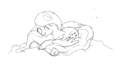 Size: 832x448 | Tagged: safe, artist:aureai-sketches, fluttershy, pegasus, pony, cutie mark, eyes closed, female, monochrome, sketch, sleeping, solo, tail, wings