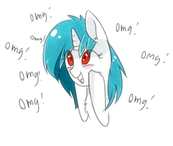 Size: 465x393 | Tagged: safe, artist:aureai, dj pon-3, vinyl scratch, pony, unicorn, blushing, eyelashes, female, omg, open mouth, reaction image, red eyes, solo