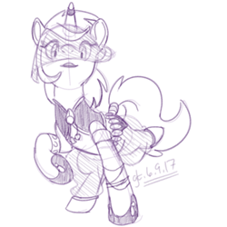 Size: 700x700 | Tagged: safe, artist:goat train, amethyst star, sparkler, pony, unicorn, belly dancer, clothes, dancing, dress, horn ring, monochrome, shoes, simple background, sketch, solo, tail wrap, veil, white background