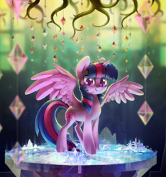 Size: 1993x2132 | Tagged: safe, artist:dawnfire, twilight sparkle, twilight sparkle (alicorn), alicorn, pony, chandelier, colored pupils, cutie map, depth of field, female, golden oaks chandelier, looking at you, mare, solo, spread wings, tree of memories, twilight's castle, wings