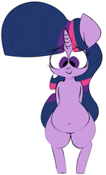 Size: 891x1470 | Tagged: dead source, safe, artist:hattsy, twilight sparkle, pony, semi-anthro, unicorn, belly, belly button, chubby, looking down, simple background, smiling, solo, white background