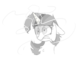 Size: 636x493 | Tagged: safe, artist:aureai-sketches, twilight sparkle, pony, unicorn, bust, chest fluff, female, floppy ears, grayscale, gritted teeth, magic, magic overload, mare, monochrome, open mouth, portrait, simple background, sketch, solo, white background, worried