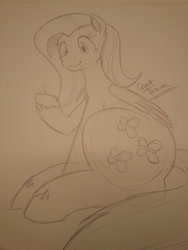 Size: 2448x3264 | Tagged: safe, artist:goat train, fluttershy, pegasus, pony, commission, female, giant pony, macro, mare, monochrome, sitting, traditional art, unshorn fetlocks