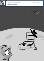 Size: 647x900 | Tagged: safe, artist:egophiliac, princess luna, alicorn, pony, absolutely nothing else, chair, fedora, filly, hat, monochrome, moon, moonstuck, self ponidox, space, tumblr, what pumpkin?, woona