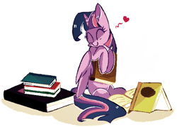 Size: 584x417 | Tagged: safe, artist:aureai, twilight sparkle, twilight sparkle (alicorn), alicorn, pony, adorkable, book, bookhorse, cute, dork, female, heart, mare, that pony sure does love books