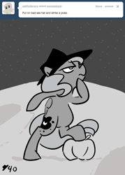 Size: 645x899 | Tagged: safe, artist:egophiliac, princess luna, alicorn, pony, bipedal, fedora, filly, food, hardboiled, hat, monochrome, moon, moonstuck, pumpkin, space, woona