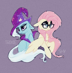 Size: 486x494 | Tagged: safe, artist:aureai, fluttershy, trixie, pegasus, pony, unicorn, duo, eyelashes, female, floppy ears, glasses, hat, long hair, mare, pink hair, simple background