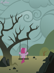 Size: 447x600 | Tagged: safe, artist:pony-paint, pinkie pie, earth pony, pony, back, female, filly, filly pinkie pie, pinkamena diane pie, rock farm, show accurate, solo, swing, tree, younger