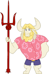 Size: 3000x4529 | Tagged: safe, artist:tentavamp, pony, absurd resolution, asgore dreemurr, barely pony related, beard, button-up shirt, clothes, crossover, facial hair, looking at you, male, pitchfork, shirt, shorts, simple background, smiling, solo, transparent background, undertale, vector