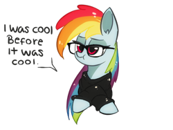 Size: 500x376 | Tagged: safe, artist:aureai, rainbow dash, pegasus, pony, :t, bust, clothes, cute, dialogue, glasses, hipster, lidded eyes, multicolored hair, scrunchy face, simple background, transparent background, use lite theme