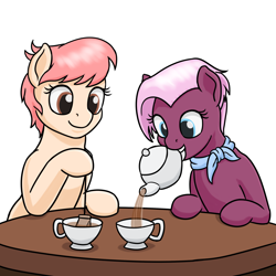 Size: 1280x1280 | Tagged: safe, artist:mkogwheel, jasmine leaf, raspberry vinaigrette, earth pony, pony, discordant harmony, duo, female, food, mare, mouth hold, pouring, simple background, smiling, table, tea, tea pony, teabag, that was fast, white background