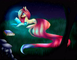 Size: 4600x3600 | Tagged: safe, artist:nightskrill, oc, oc only, pony, unicorn, book, cup, female, glowing horn, lying, mare, night, prone, reading, solo, stars, teacup