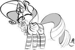 Size: 1718x1142 | Tagged: safe, artist:hattsy, derpibooru exclusive, rarity, oc, oc:yodi, pony, unicorn, clothes, eyes closed, grayscale, magic, male, monochrome, plushie, simple background, socks, solo, stallion, striped socks, telekinesis, white background