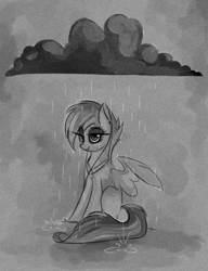 Size: 423x552 | Tagged: safe, artist:aureai, oc, oc only, pegasus, pony, cloud, female, grayscale, monochrome, rain, smiling, solo, tail, water, wings