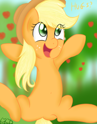 Size: 900x1145 | Tagged: safe, artist:freefraq, applejack, earth pony, pony, apple, apple tree, applejack's hat, belly button, blonde, blonde mane, blonde tail, dialogue, eye clipping through hair, female, freckles, grass, green eyes, looking up, mare, open mouth, smiling, solo