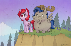 Size: 1307x852 | Tagged: safe, artist:dawnfire, oc, oc only, oc:bernd, oc:dawnfire, pegasus, pony, unicorn, berndfire, duo, female, fluffy, male, naughty marefriend, oc x oc, scenery, shipping, straight