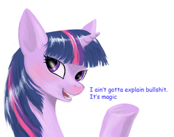 Size: 1012x800 | Tagged: safe, artist:sigmatura, twilight sparkle, pony, unicorn, female, it's magic, looking at you, mare, open mouth, simple background, solo, vulgar, white background