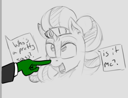 Size: 1050x808 | Tagged: safe, artist:anontheanon, artist:post-it, saffron masala, oc, oc:anon, pony, unicorn, boop, dialogue, gray background, offscreen character, open mouth, partial color, simple background, sketch, who's a good pony