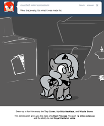 Size: 666x809 | Tagged: safe, artist:egophiliac, princess luna, alicorn, pony, cute, filly, jewelry, lunabetes, monochrome, moonstuck, regalia, solo, tumblr, woona, younger