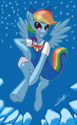 Size: 945x1522 | Tagged: safe, artist:sigmatura, rainbow dash, pegasus, pony, semi-anthro, bow, cirno, clothes, crossover, dress, female, flying, grin, hair bow, mare, rainbow dash always dresses in style, smiling, solo, touhou