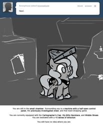 Size: 666x809 | Tagged: safe, artist:egophiliac, princess luna, alicorn, pony, cartographer's cap, filly, hat, jewelry, monochrome, moonstuck, regalia, solo, woona, younger