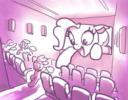 Size: 1523x1197 | Tagged: safe, artist:hunternif, pinkie pie, earth pony, pony, breaking the fourth wall, fourth wall, macro, open mouth, pinkie being pinkie, running away, theater, theater seat