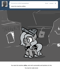 Size: 666x809 | Tagged: safe, artist:egophiliac, princess luna, oc, oc:jeffery, alicorn, pony, cartographer's cap, filly, hat, monochrome, moonstuck, solo, tumblr, woona, younger