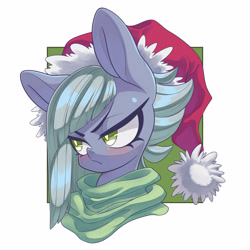 Size: 3000x3000 | Tagged: safe, artist:kaikoinu, limestone pie, earth pony, pony, blushing, bust, christmas, clothes, confident, cute, female, frown, glare, grumpy, hat, holiday, limabetes, limetsun pie, looking away, mare, portrait, santa hat, scarf, simple background, solo, tsundere, white background