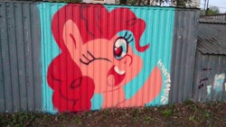 Size: 1632x920 | Tagged: safe, artist:hunternif, pinkie pie, graffiti, heart eyes, irl, one eye closed, open mouth, photo, smiling, solo, wingding eyes, wink