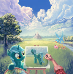 Size: 4500x4568 | Tagged: safe, artist:hunternif, fluttershy, lyra heartstrings, rainbow dash, human, pegasus, pony, unicorn, absurd resolution, canterlot, cute, en plein air, eyes closed, fanfic art, female, flying, grass, grin, hand, legs in air, mare, mountain, offscreen character, on back, painting, picture, plein air, plot, pov, river, scenery, scenery porn, smiling, spread wings