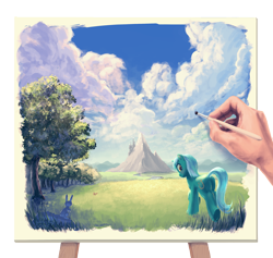 Size: 3000x2843 | Tagged: safe, artist:hunternif, lyra heartstrings, human, pony, unicorn, canterlot, cloud, female, hand, mare, scenery, scenery porn, sky, solo, tree