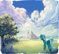 Size: 2465x2279 | Tagged: safe, artist:hunternif, lyra heartstrings, butterfly, pony, rabbit, unicorn, canterlot, cloud, cloudy, female, forest, grass, looking at you, looking back, mare, meadow, mountain, raised hoof, road, scenery, scenery porn, sky, smiling, solo, tree, underhoof