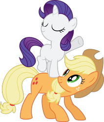 Size: 4997x5876 | Tagged: safe, artist:aureai, applejack, rarity, sweetie belle, earth pony, pony, unicorn, magic duel, .svg available, absurd resolution, applejack's hat, blank flank, blonde, cutie mark, eyelashes, eyes closed, filly, freckles, green eyes, hat, looking back, ponies riding ponies, purple hair, simple background, smiling, transparent background, vector, younger