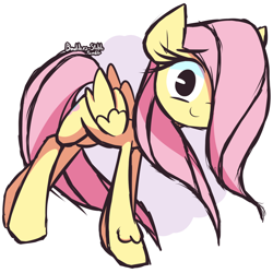 Size: 1280x1280 | Tagged: safe, artist:lilboulder, fluttershy, pegasus, pony, abstract background, cute, female, hair over one eye, leg fluff, looking at you, mare, shyabetes, simple background, solo