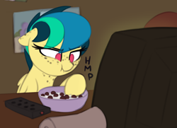 Size: 1280x925 | Tagged: safe, artist:shinodage, oc, oc only, oc:apogee, pony, bowl, cereal, delta vee's junkyard, ear freckles, female, floppy ears, food, freckles, grumpy, paper towels, remote, scrunchy face, single panel, television