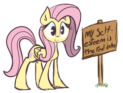 Size: 1280x969 | Tagged: safe, artist:lilboulder, fluttershy, pegasus, pony, april fools, female, folded wings, looking at you, mare, road sign, self deprecation, sign, simple background, smiling, solo, text, white background