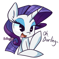 Size: 1280x1280 | Tagged: safe, artist:lilboulder, rarity, pony, unicorn, bust, darling, dialogue, female, mare, open mouth, raised hoof, signature, simple background, solo, talking to viewer, white background