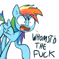 Size: 1280x1280 | Tagged: safe, artist:lilboulder, edit, rainbow dash, pegasus, pony, angry, female, mare, meme, open mouth, reaction image, shrunken pupils, simple background, smiling, solo, vulgar, white background, whomst