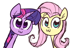 Size: 1280x850 | Tagged: safe, artist:lilboulder, fluttershy, twilight sparkle, pegasus, pony, :3, bust, cute, duo, female, looking at you, mare, pop team epic, shyabetes, simple background, smiling, twiabetes, white background