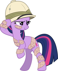 Size: 6000x7349 | Tagged: safe, artist:aureai, twilight sparkle, unicorn twilight, pony, unicorn, feeling pinkie keen, .svg available, absurd resolution, bandaid, bipedal, bipedal leaning, confident, cutie mark, female, hat, injured, leaning, pith helmet, simple background, solo, transparent background, vector