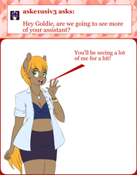 Size: 1000x1280 | Tagged: safe, artist:shelltoon, oc, oc only, oc:candy, anthro, earth pony, ask, ask goldie, blonde, blouse, bracelet, breasts, cleavage, clothes, cute, ear piercing, earring, female, green eyes, gyaru, jewelry, midriff, miniskirt, necklace, piercing, ring, skirt, solo, thighs, tumblr