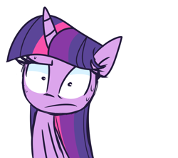 Size: 934x832 | Tagged: safe, artist:lilboulder, twilight sparkle, twilight sparkle (alicorn), alicorn, pony, confused, female, frown, looking at you, mare, nervous, raised eyebrow, reaction image, simple background, solo, sweat, white background, wide eyes