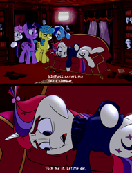Size: 2000x2615 | Tagged: safe, artist:anontheanon, lemon hearts, minuette, moondancer, twilight sparkle, twilight sparkle (alicorn), twinkleshine, alicorn, pony, unicorn, amending fences, /mlp/, book, broken glasses, clothes, colored, crossover, depressed, depression, dialogue, drawthread, emo, floppy ears, glasses, kahn souphanousinphone, king of the hill, library, lying down, meme, on back, open mouth, paper, sad, sofa, statues, sweater, television, unamused