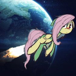 Size: 1280x1280 | Tagged: safe, artist:lilboulder, fluttershy, pegasus, pony, earth, female, flying, looking at you, mare, messy mane, rocket, sick, solo, space, wat