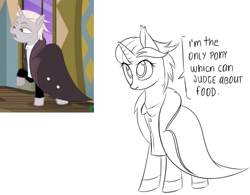 Size: 586x458 | Tagged: safe, artist:aureai-sketches, edit, edited screencap, screencap, zesty gourmand, pony, unicorn, spice up your life, clothes, dialogue, female, mare, overcoat, redesign, sketch, solo