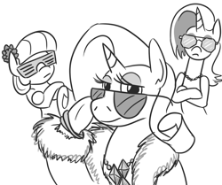 Size: 771x646 | Tagged: safe, artist:jargon scott, coco pommel, rarity, sassy saddles, pony, unicorn, 30 minute art challenge, baseball cap, black and white, cap, crossed arms, grayscale, hat, monochrome, sunglasses