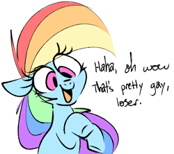 Size: 497x442 | Tagged: safe, artist:hattsy, rainbow dash, pegasus, pony, dialogue, female, insult, mare, open mouth, pointing, reaction image, rearing, simple background, smiling, solo, vulgar, white background