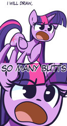 Size: 1280x2426 | Tagged: safe, artist:lilboulder, twilight sparkle, twilight sparkle (alicorn), alicorn, pony, 2 panel comic, butts, comic, cute, dialogue, female, open mouth, raised hoof, simple background, solo, twiabetes, white background