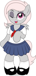 Size: 1197x2507 | Tagged: safe, artist:digiqrow, oc, oc only, oc:violet, pegasus, pony, semi-anthro, clothes, mary janes, one eye closed, school uniform, schoolgirl, shoes, simple background, socks, transparent background, wink